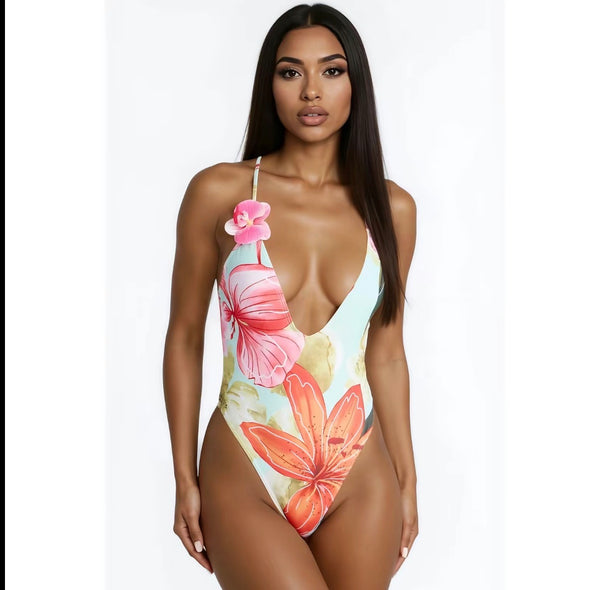 Anahi Floral V-Neck One Piece Swimsuit**