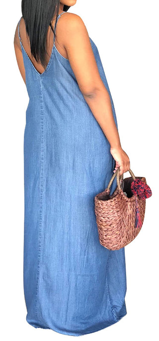 Maxi Denim Dresses Casual Spaghetti Strap with Pockets