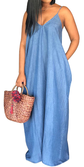Maxi Denim Dresses Casual Spaghetti Strap with Pockets