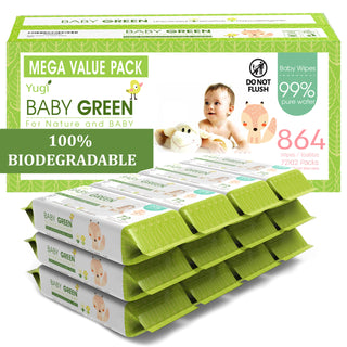 Yugi Green Baby Wipes Unscented, Compostable, Biodegradable, Plant-Based, Fragrance-Free, for Sensitive Skin, 12 Packs,72 Count,864 wipes