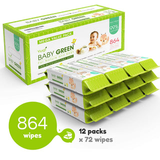 Yugi Green Baby Wipes Unscented, Compostable, Biodegradable, Plant-Based, Fragrance-Free, for Sensitive Skin, 12 Packs,72 Count,864 wipes